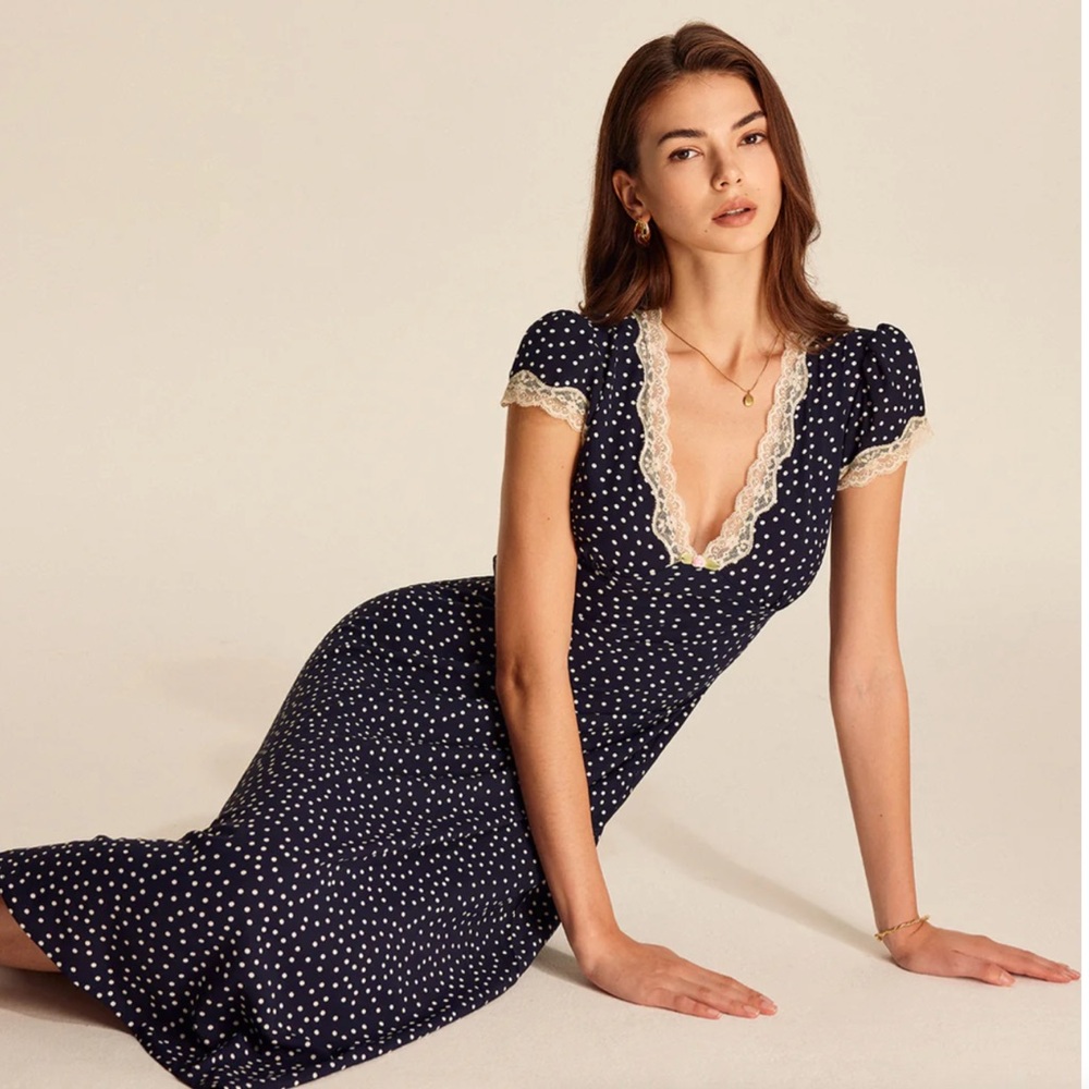 Navy Polka Dot Dress with Lace Trim by COMMENSE NWT Size L